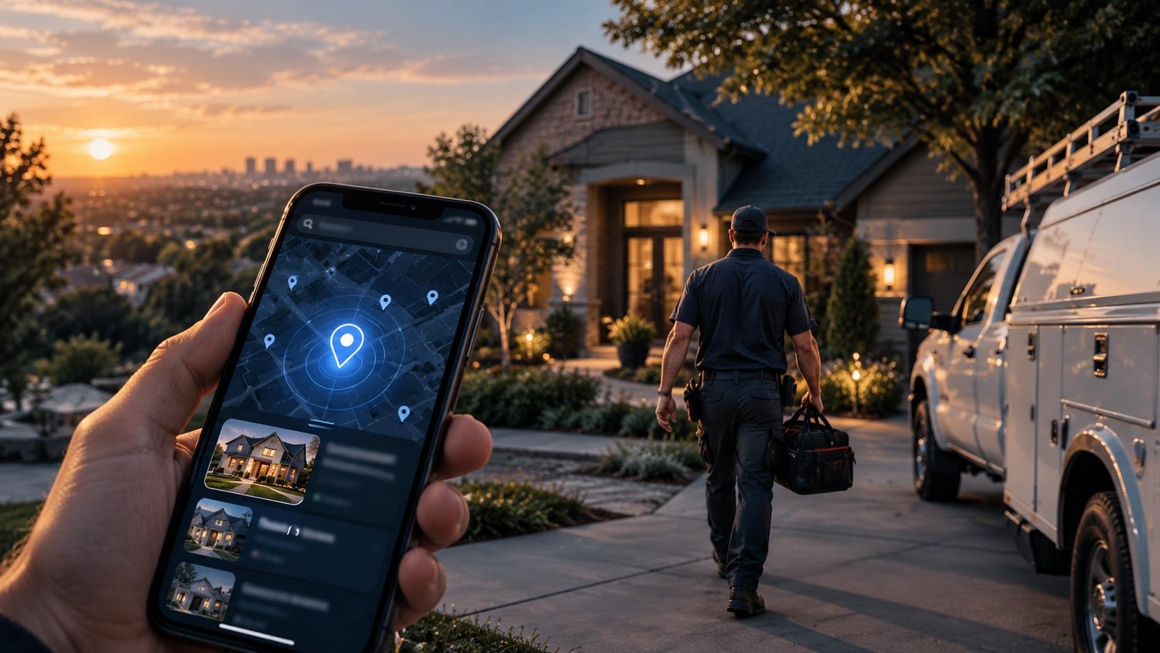 A homeowner checking local service providers on their phone while a technician arrives at the house
